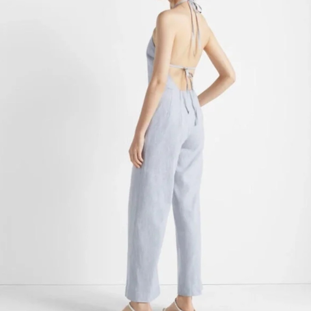 Club Monaco Blue Linen Striped Jumpsuit with Open Back